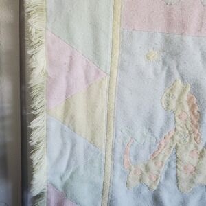 Vintage Baby Blanket Giraffe Elephant Animal Pastel Quilt Style Fringe Swaddle